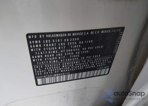 2021 Volkswagen Tiguan 2.0T S from USA, damaged, VIN 3VV1B7AX1MM044113